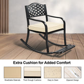 HAOYYE Metal Rocking Chair with Removable Cushion and Footrest, Weatherproof Outdoor Patio Rocker with Hole Backrest, Durable Cast Iron Construction for Garden, Porch, Yard Relaxation and Comfort